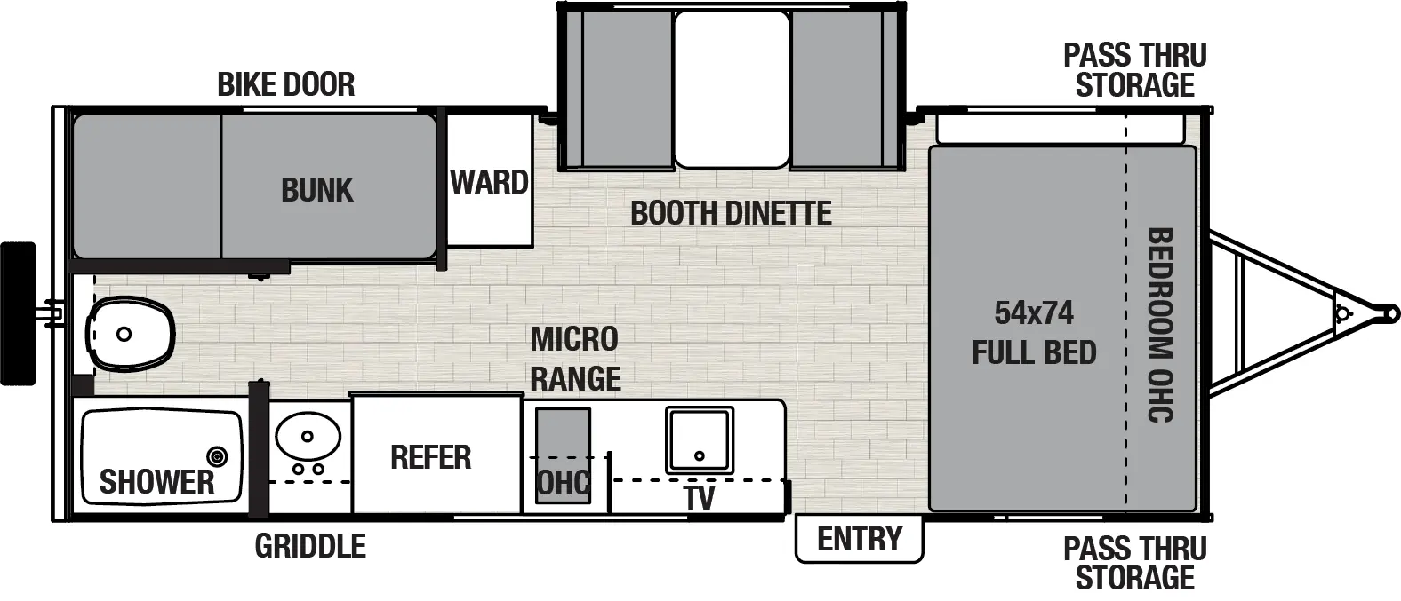 The Northern Spirit Bijou 19BHB floorplan has one entry and one slide out. Exterior features include: fiberglass exterior. Interiors features include: bunk beds and front bedroom.